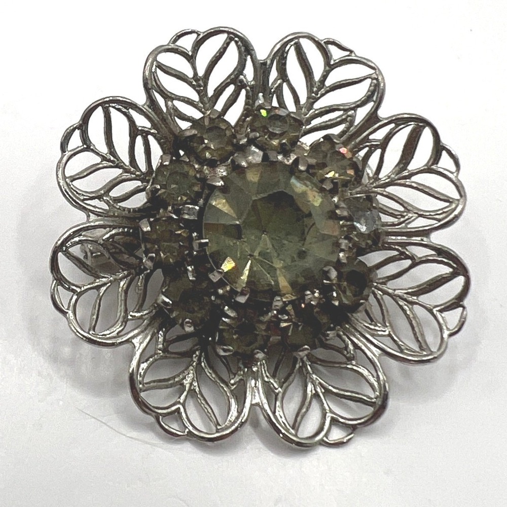 Vintage Flower Brooch Green Rhinestones Silver Tone‎ Pin